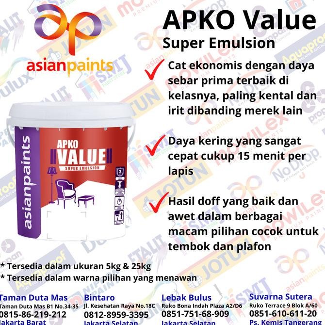CAT TEMBOK INTERIOR ASIAN PAINT APKO VALUE SUPER WHITE / PUTIH 25KG