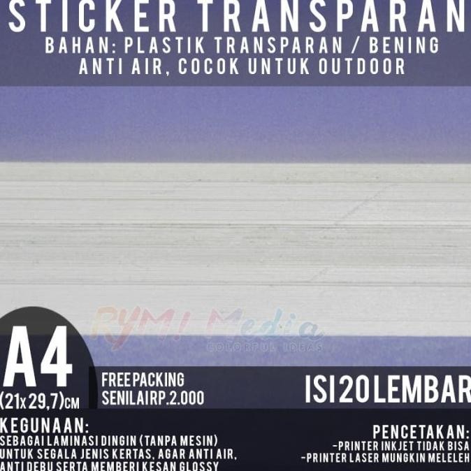 

Kertas Stiker Transparan A4 isi 20 lbr / Sticker Transparant Laminasi murah