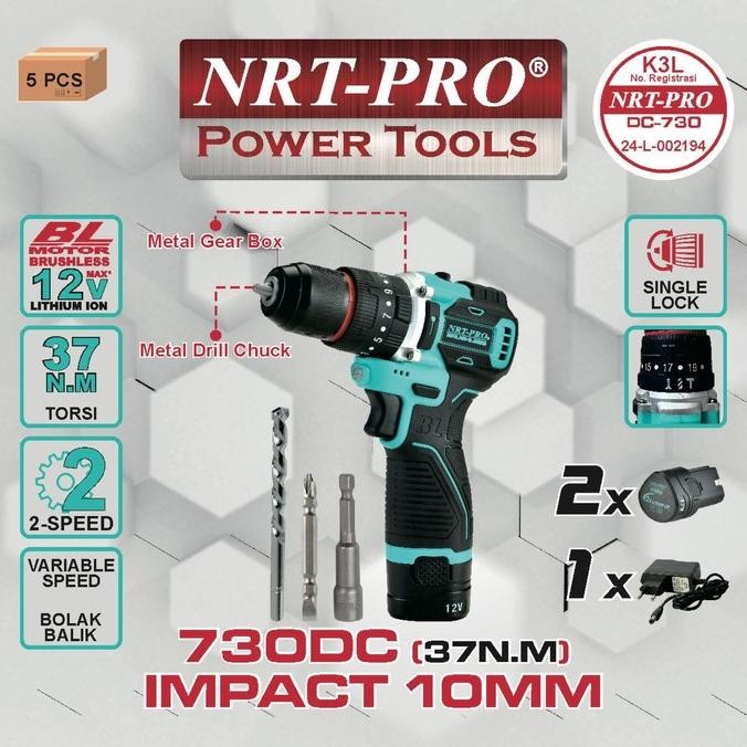 NRT-PRO DC730 HD Mesin Bor Cordless Drill 10MM Baterai Batre Tangan Beton Impact Tembok Charger Cas 