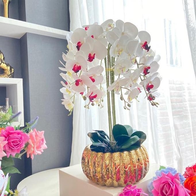 Grosir Full Set Vas Bunga Keramik Colombia & Rangkaian Anggrek Latex Premium