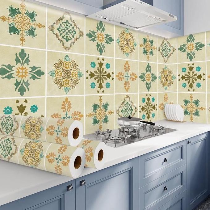 wallpaper dinding dapur 6 meter X 60cm anti api, air dan minyak panas motif batik kotakwarna hijau S