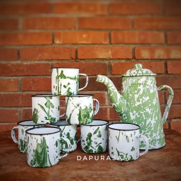 Set Teko Tinggi + 8 Mug Lurik 7cm Enamel Seng Blek Vintage Gelas Jadul Blirik tea  set LAT