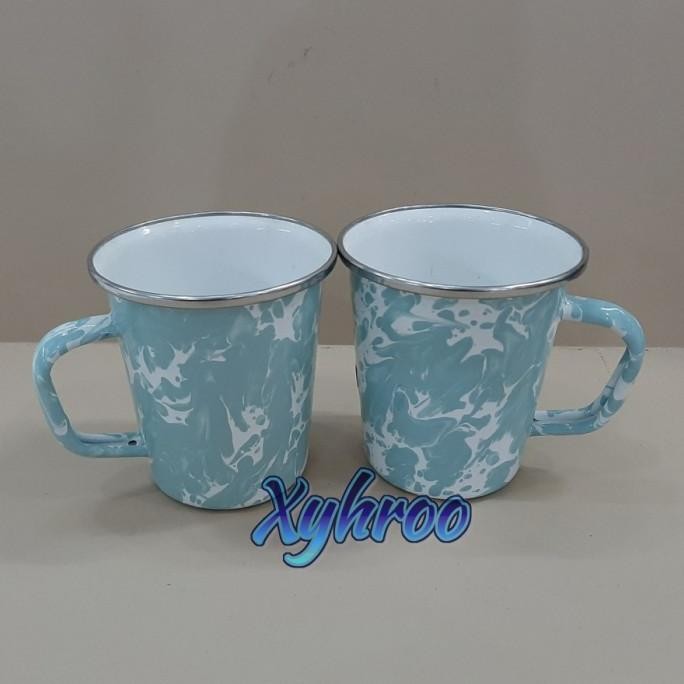 Latte Mug Cangkir Enamel Biru Hijau Tosca Loreng Blirik LAT
