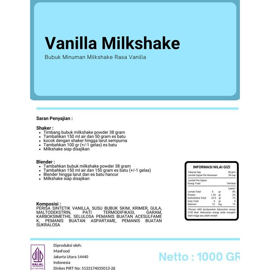 

Promo Vanilla Milkshake / Bubuk Minuman Rasa Vanilla 1 Kg