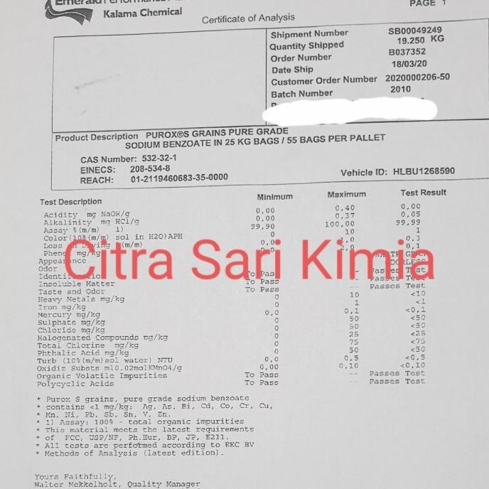 

Murah Sodium Benzoate / Natrium Benzoat Holland Purox 1 Zak 25 Kg