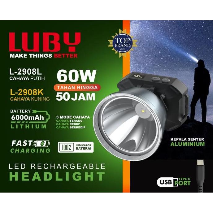 Promo Senter Kepala Led 60W Luby L-2908L Dengan Indikator Display, Baterai 6.000Mah, Tahan Hingga 50