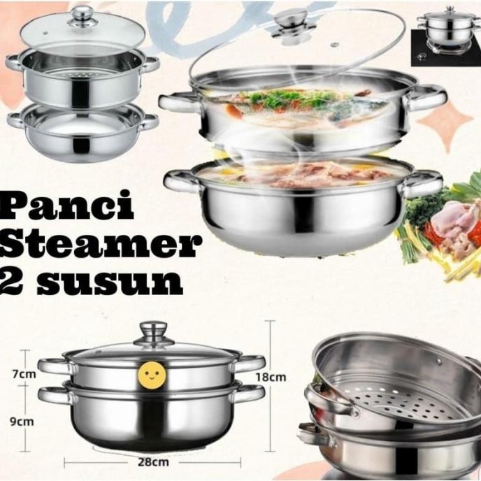Panci Steamer 2 Susun / Panci Kukus Stainless / Panci Kukus Tutup Kaca SAML