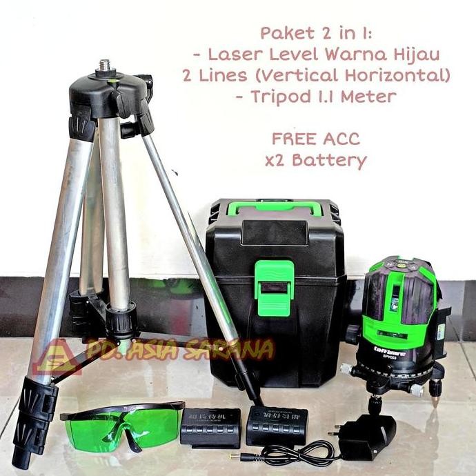 

Sale! PAKET Meteran Cross Laser Level 2 Lines Hijau Tripod Self Leveling Waterpass Cross Siku SPY003