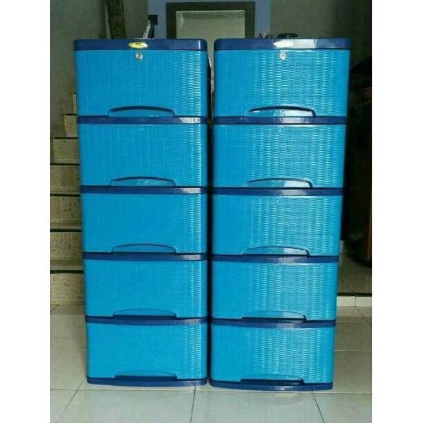 Container plastik motif rotan 5 susun / lemari plastik