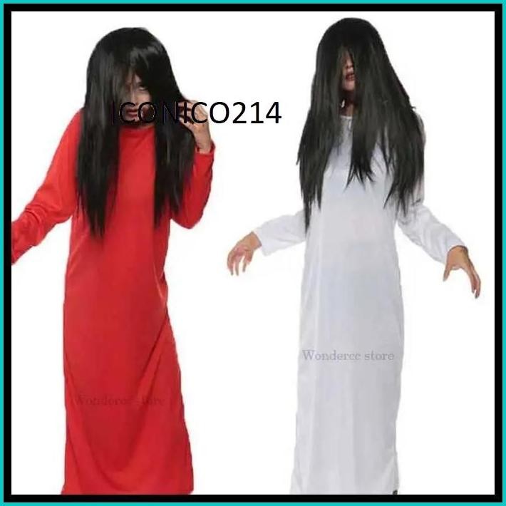 KOSTUM KUNTILANAK SADAKO PAKU WIG BAJU HANTU KUNTILANAK HALLOWEN