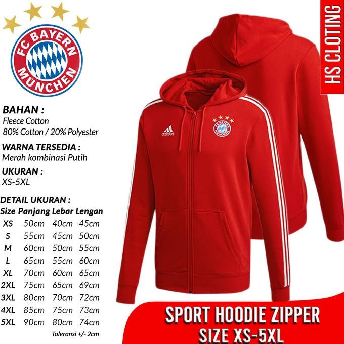 Jaket Hoodie Zipper Adidas Bayern Munich Munchen Bahan Katun Fleece
