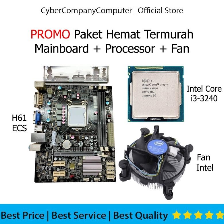 Paket Mainboard Core i3 3240 - Motherboard H61 ECS Mobo LGA 1155 DDR3 Processor Intel & Fan Procie