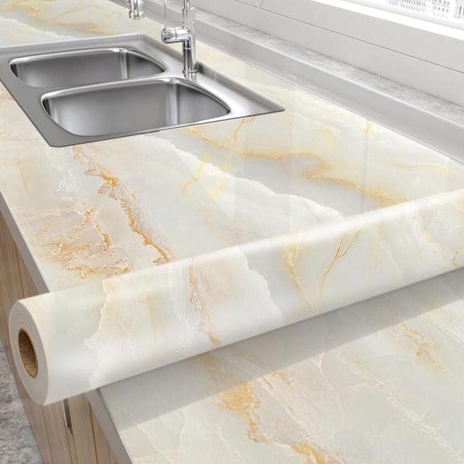 walpaper dinding dapur 6 meter X 60cm anti api, air dan minyak panas motif granit krem Stiker