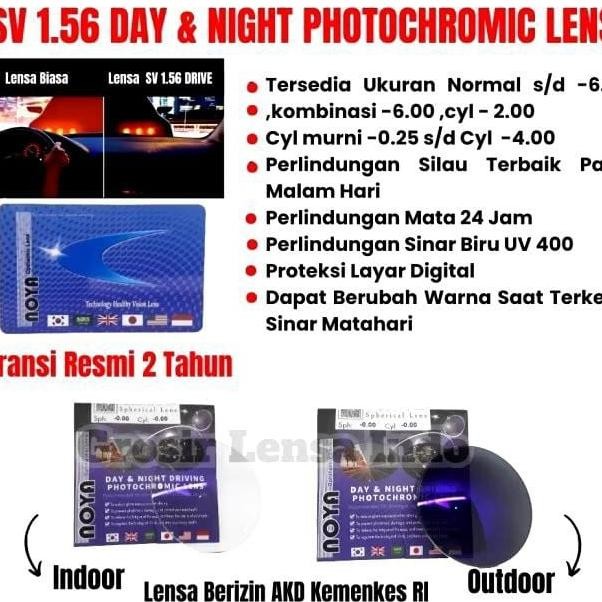 new lensa kacamata noya sv 1.56 bluecromic day and night vision / drive