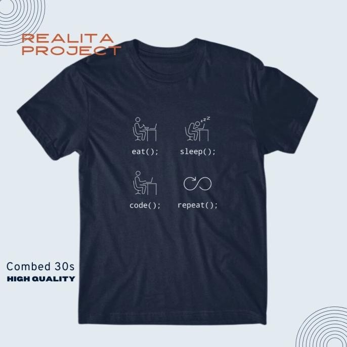 Sale!! Kaos Combed 30S Kaos Programmer Eat Sleep Code Repeat Buku Coding