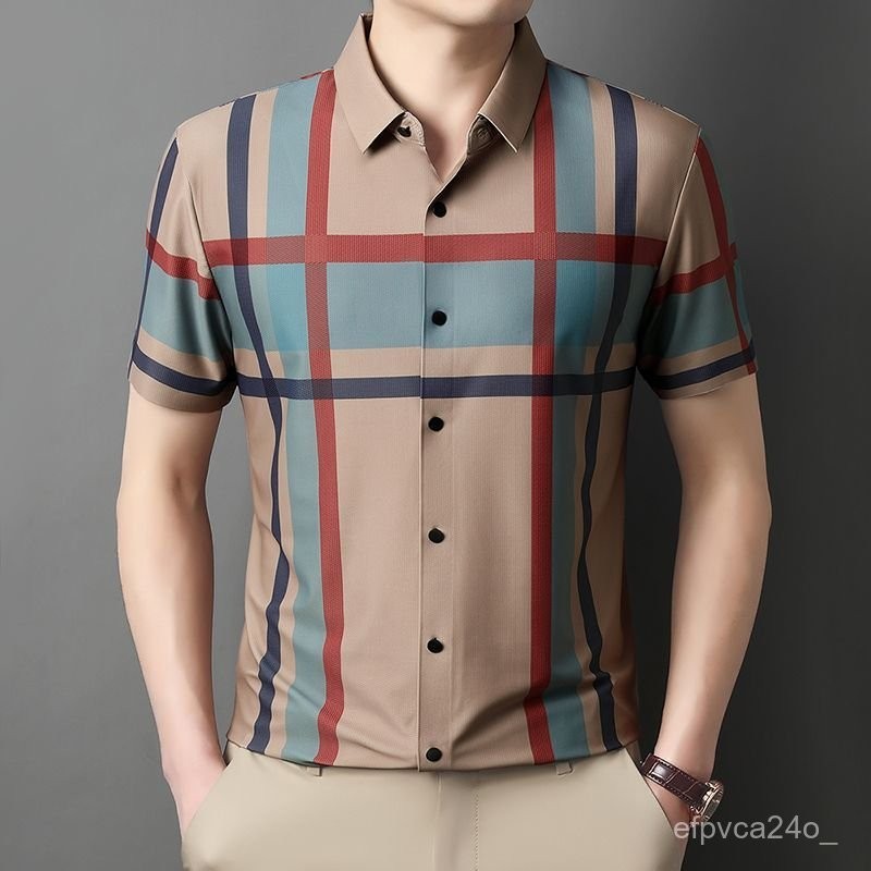 Kemeja Sutra Es Kotak-kotak Musim Panas/Kemeja Kasual Pria Terbaru POLO Kemeja
