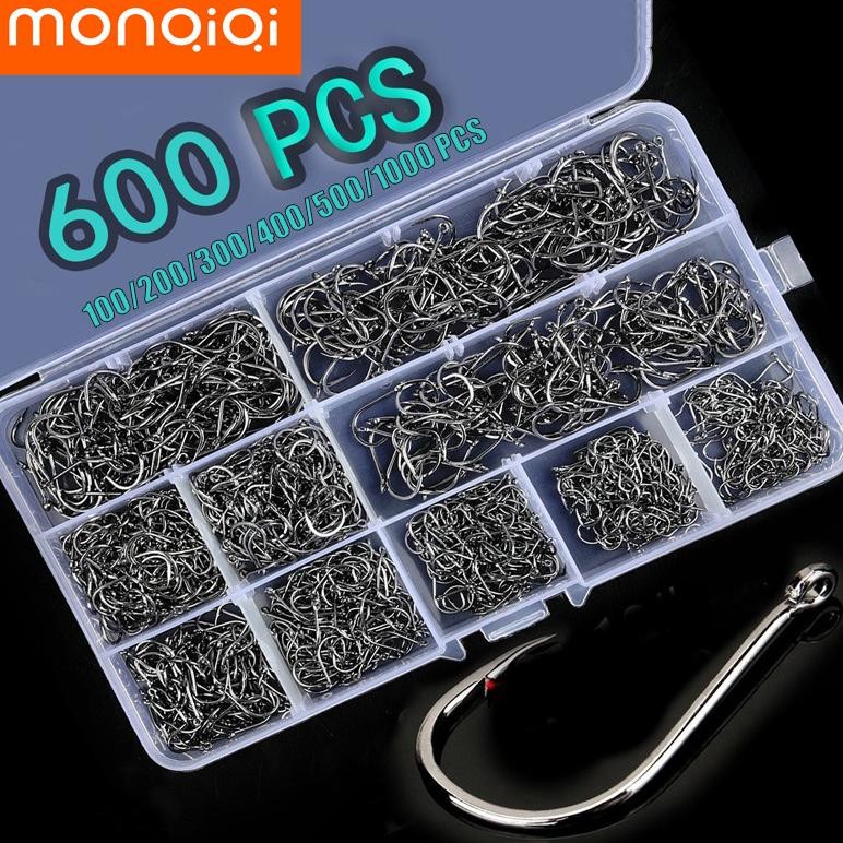 Monqiqi 500Pcs Buah Kail Pancing Kait Ikan Baja Karbon Tinggi Ikan Tajam Dari Kail Pancing 1 Set Pan