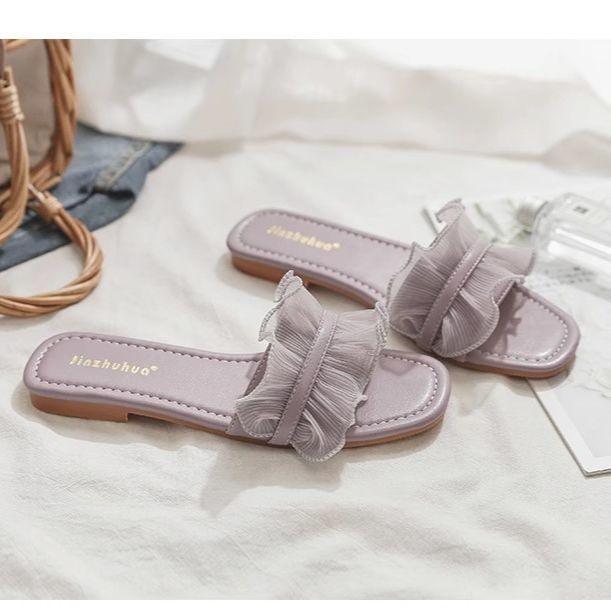 Sandal Wanita Baru Trendy Datar Gaya Chanel Mutiara Satu Tali