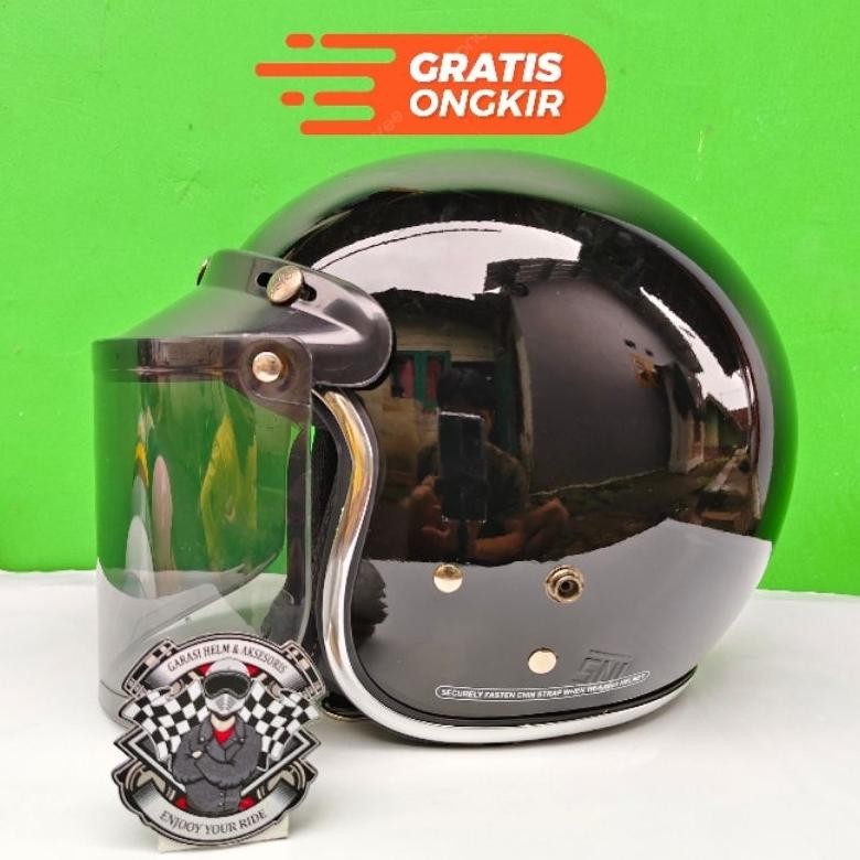 [LC] Helm Bogo Dewasa List Chrome Kaca Datar Hitam SNI - Helm Bogo Wanita Pria - Helm Bogo Clasik - 