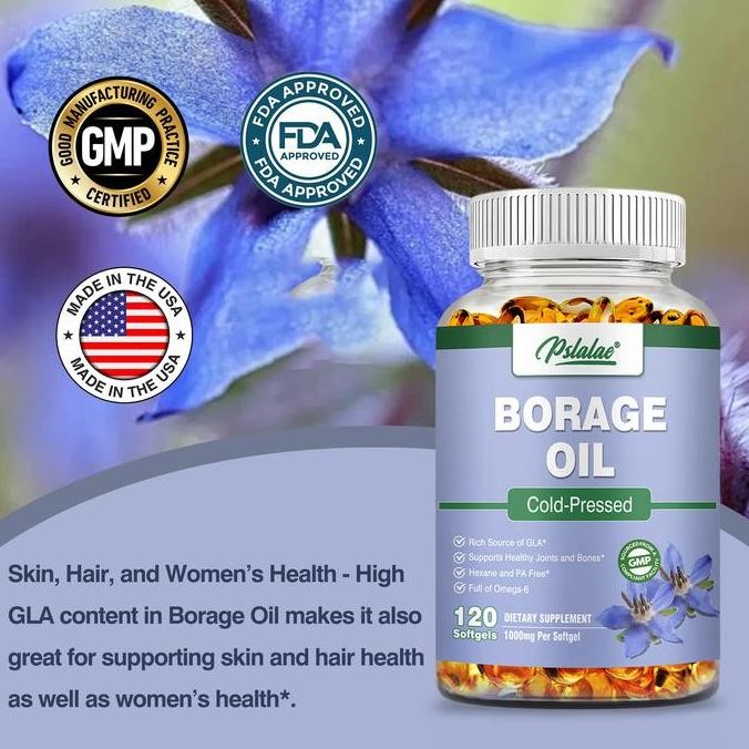 

Minyak borage kaya akan GLA - mendukung kesehatan kulit dan rambut serta kesehatan wanita - tanpa pewarna tambahan, tanpa perasa buatan, tanpa gluten