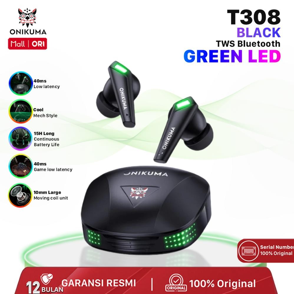 ONIKUMA T308 Headset Bluetooth TWS Gaming Earphone Kedap Suara Headphone - Black green LED Bergarans