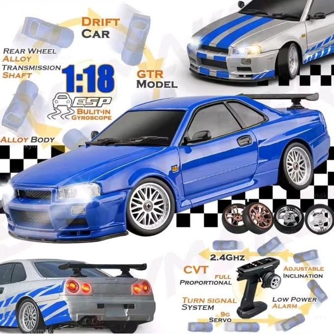 Rc Drift Rwd Nissan Skyline Gtr R34 R-34 Body Metal Alloy Scale 1/18 Fast Furious Brian Remote Toys 
