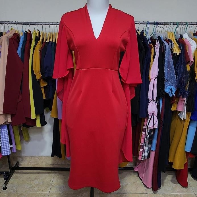 Eqw-68 Loowear Midi Dress Bodycon Pesta Kondangan Bangkok Span Pendek Lengan Tile Premium Kekinian