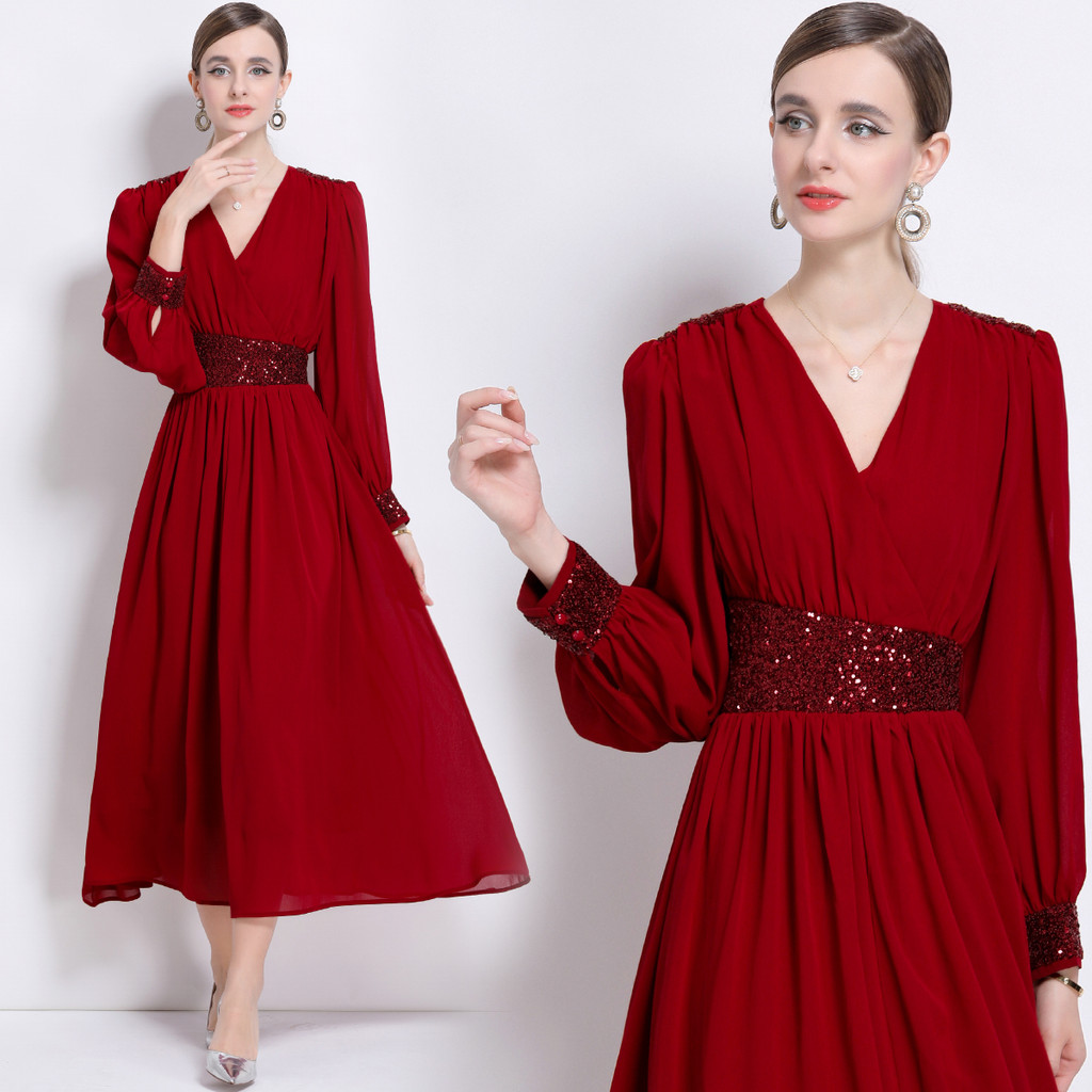 SGBJ Party Dress Wanita Batik V-Neck Merah Maxi Dress Gaun Pesta Wanita