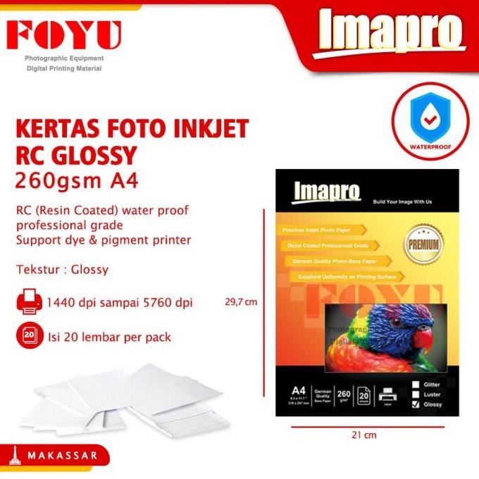 

Kertas Foto Inkjet Imapro Professional Rc Glossy Water Proof 260Gsm A4 Terlaris