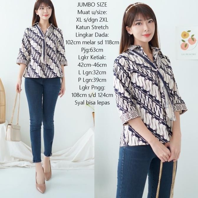 TERBARU ATASAN BATIK WANITA MODERN BAJU KERJA BLUS KERAH KEMEJA FREE SYAL