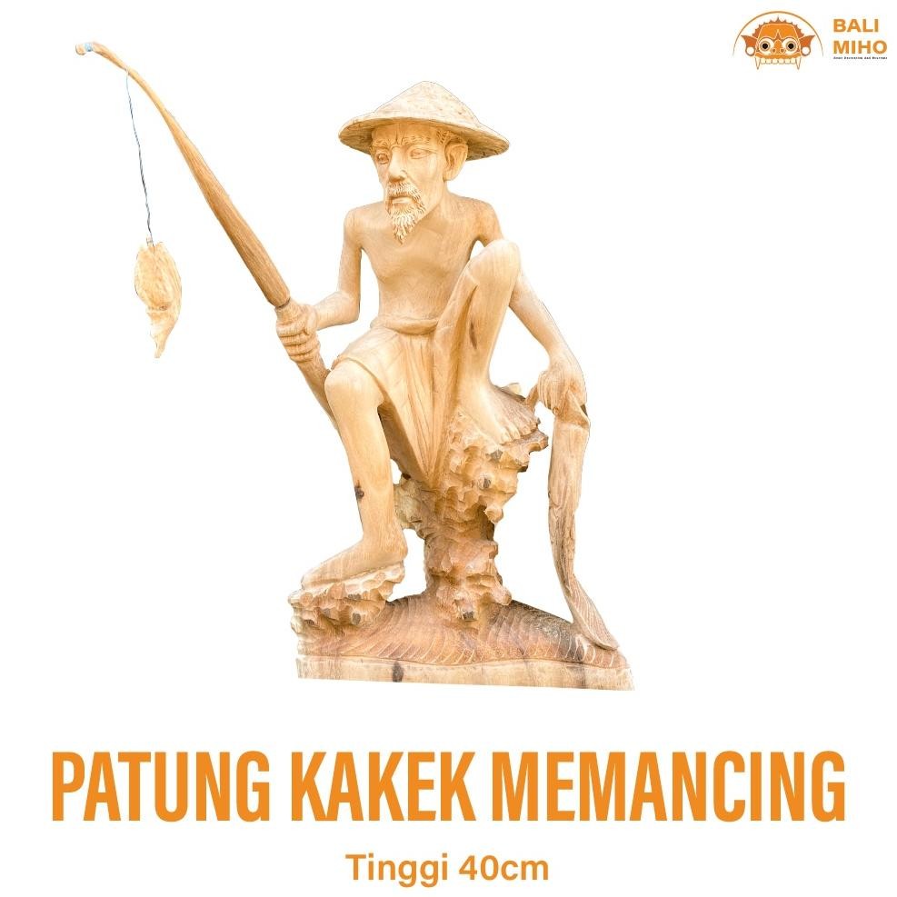 Living Patung Kakek Memancing 40 Cm - Patung Kakek Kayu - Patung Kayu Bali - Togog Bali - Patung Kay