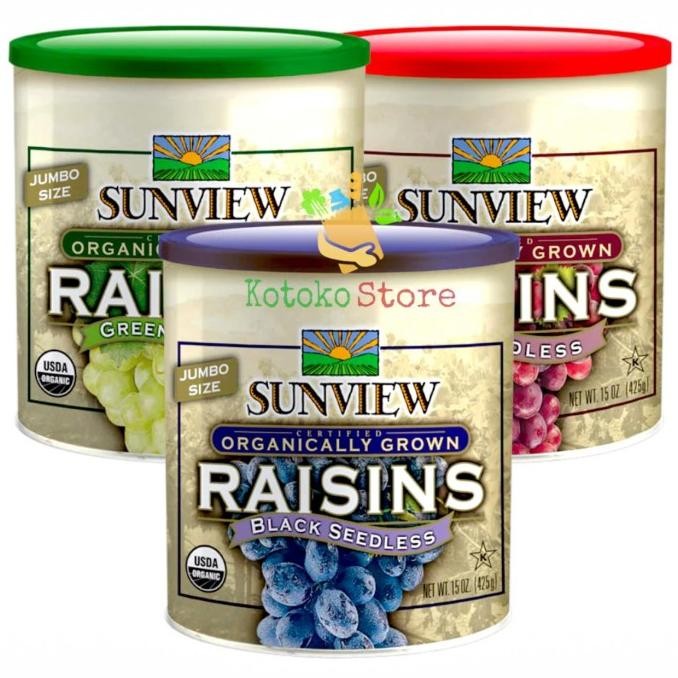 

Promo Sunview Organic Jumbo Size Raisins Seedless / Kismis Sunview Organik Import / Sunview Rasins Black Green Red 425Gr