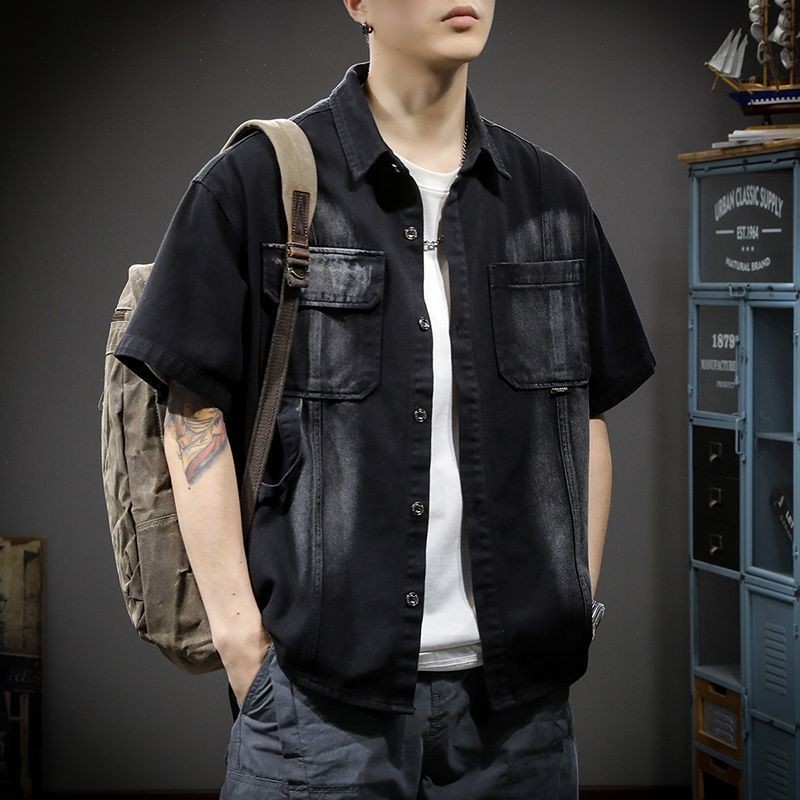 American Gradient Washed Denim Shirt Short Sleeve Jacket Men's Loose Summer Workwear