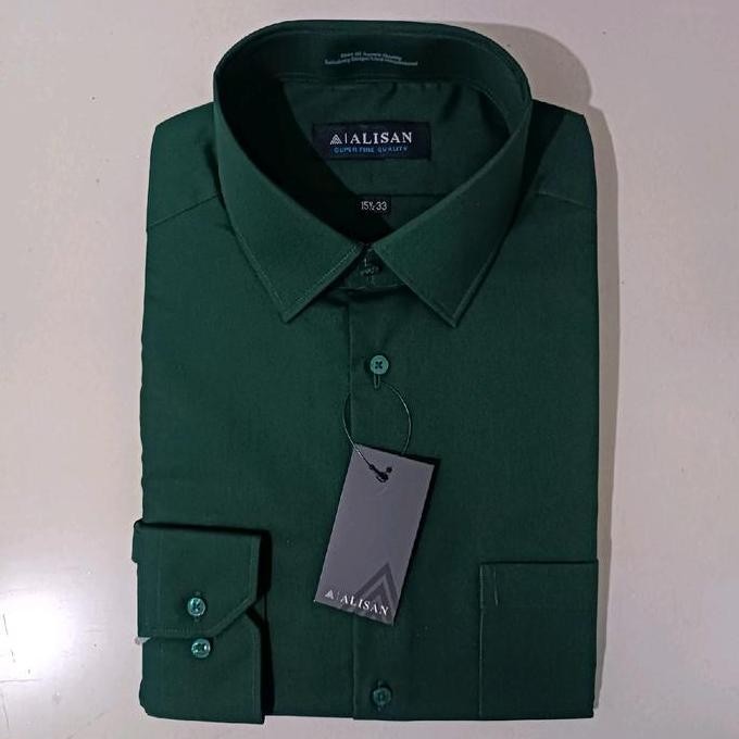 Promo Alisan Kemeja Pria Polos Hijau Botol Lengan Panjang Reguler