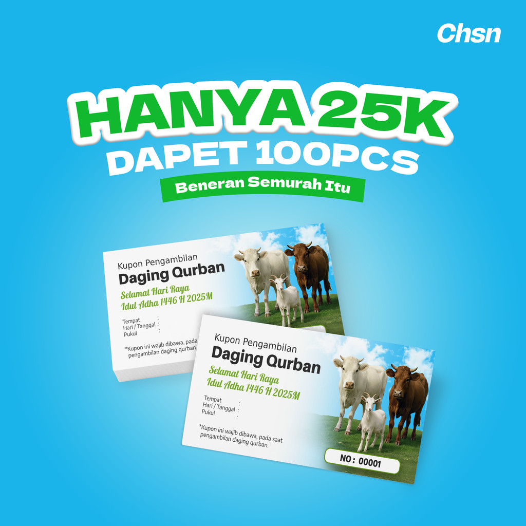 

JASA CETAK KUPON / VOUCHER PEMBAGIAN DAGING IDUL ADHA QURBAN BAHAN ARTPAPER FULL COLOR