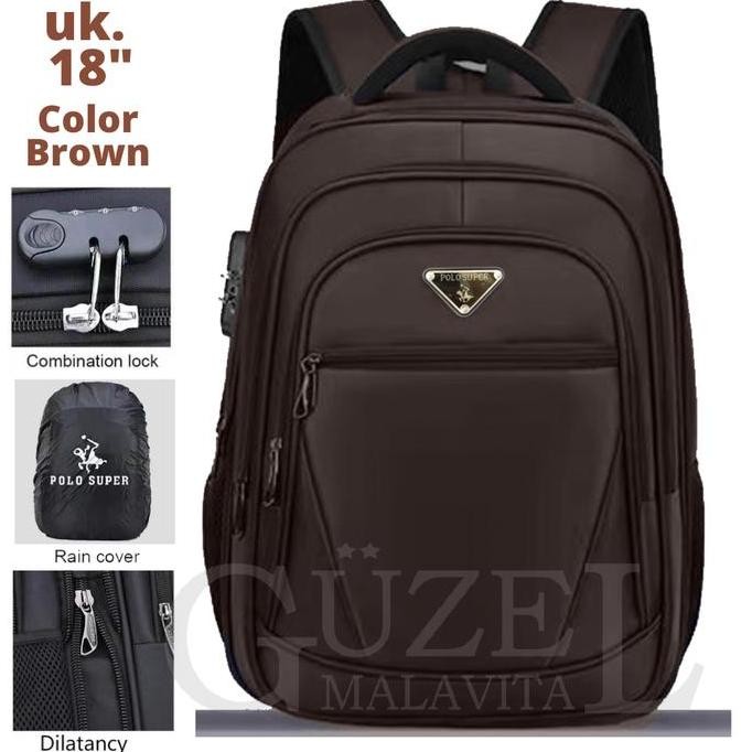 Tas Ransel Laptop Polo Super 18 Inchi Expandable Material Micro Viber Tebal Gratis Kunci Kombinasi +