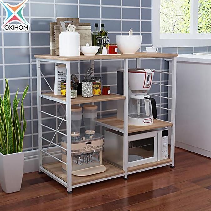 Oxihom Rak Dapur Susun Kayu Besi Rak Microwave Rak Serbaguna