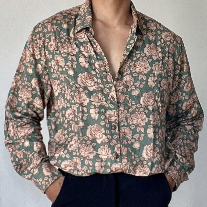Baju kemeja retro vintage panjang pria wanita motif bunga pantai baru CS