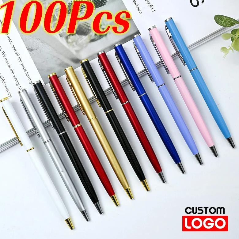 

100Pcs Custom Logo Metal Ballpoint Pen Business Office Engraved Name Signature Pen Advertising Stationery Teacher Gift Ball Pen