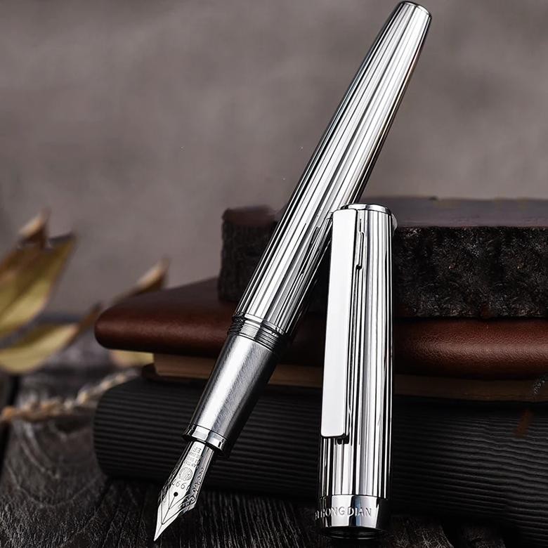 

Hongdian 1845 Metal Fountain Pen Stainless Steel Ink Pen Beautiful Stripe Ef/F Nib Silver/Black Office Business Writing Ink Pen