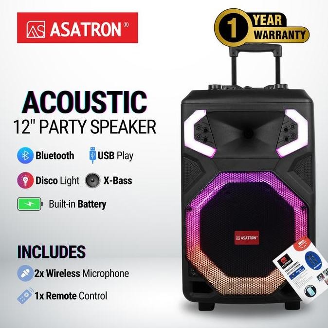 Original Asatron Acoustic 12 Inch Bluetooth Party Speaker with 2 Wireless Mic Bass TWS