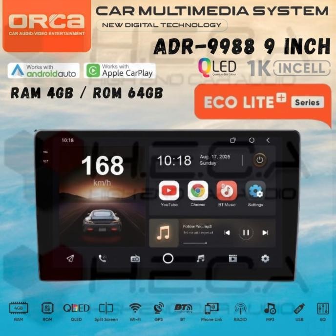 // Orca Eco Lite+ Series 4/64 Gb 9" Inch Android Lite Plus Adr-9988 Head Unit Tape Tv Mobil Lite + /