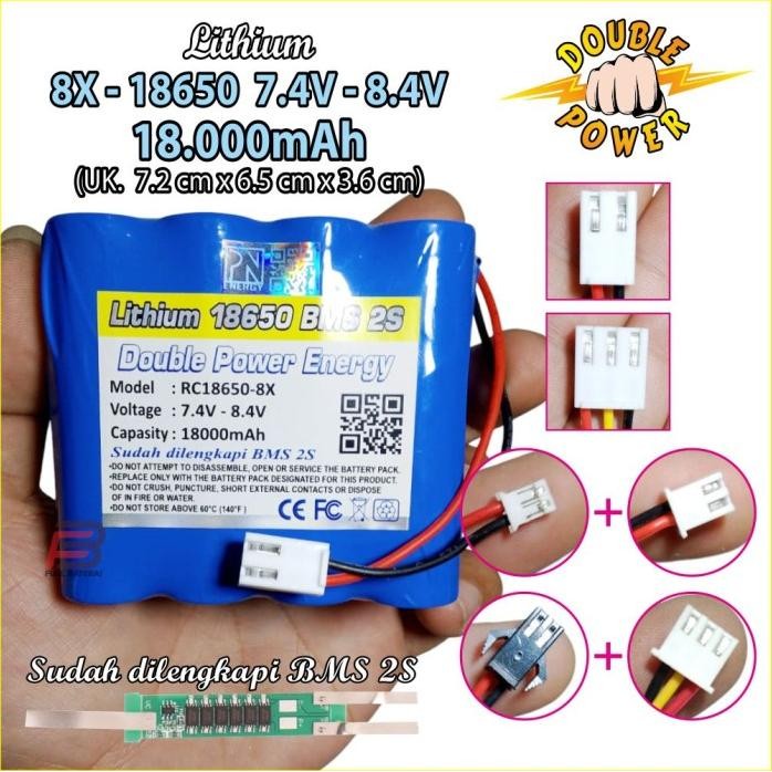 Terlaris Baterai Lithium 18650 7.4V - 8.4V 10000Mah, Batre Speaker,Soket Molex Vh,Ph,Xh, Hitam 2 Pin