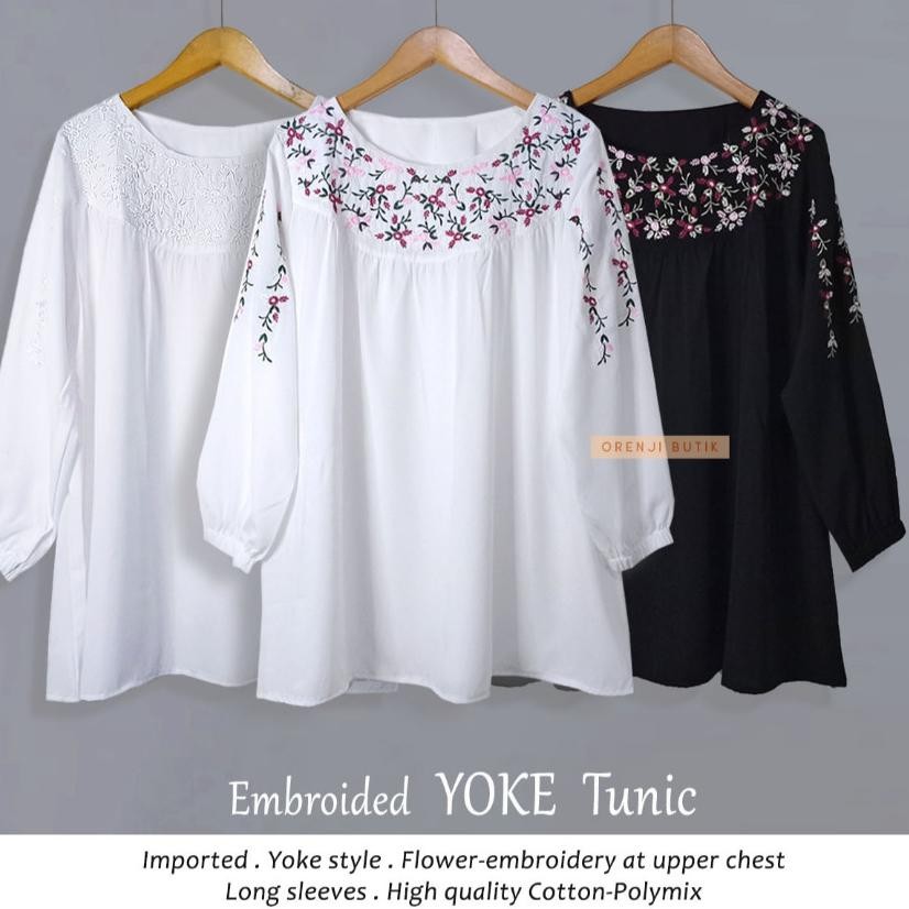 Premium Import Embroided Floral Tunic Tunik Bordir Bunga Blus Bigsize Jumbo Blus Putih Ramadhan Leba