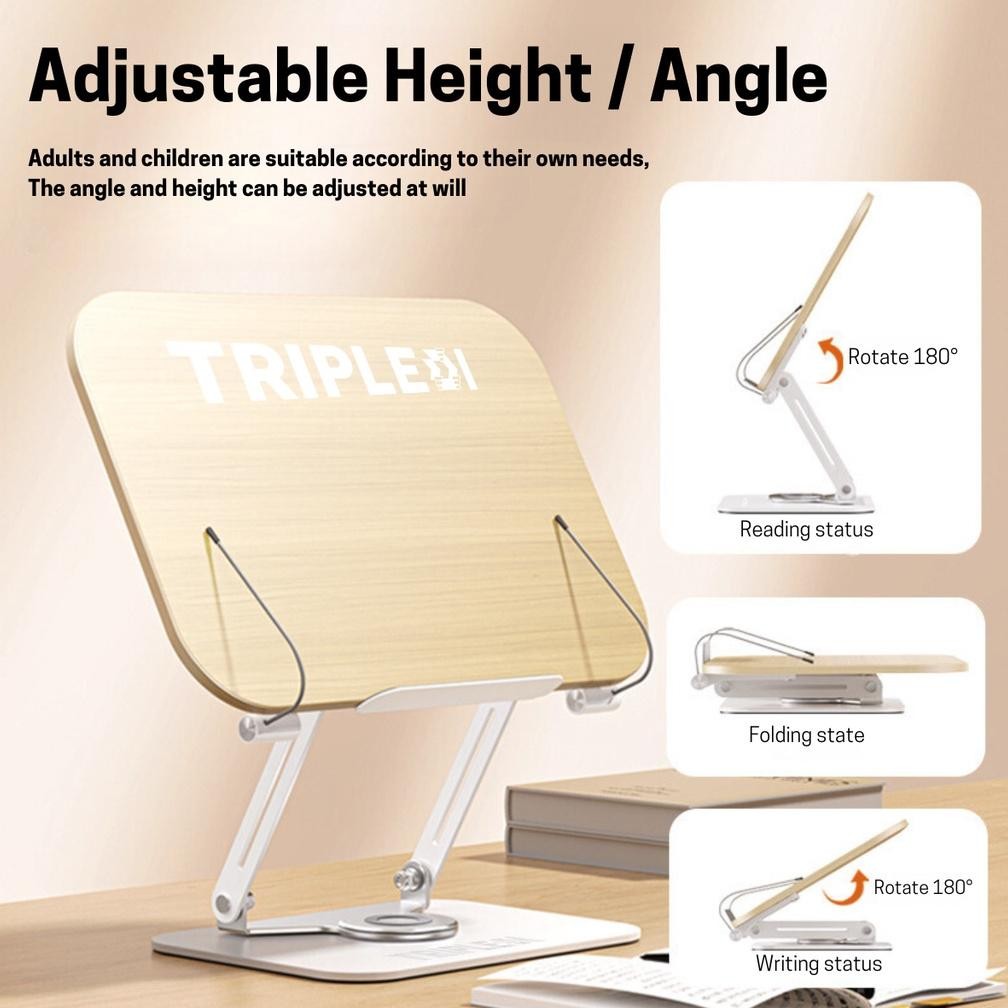 

baru !!! TRIPLEDI Book Stand Reading Holder Aluminium TD117 Penjepit Tatakan Majalah 360 Degree Rotatable Sandaran Belajar Kayu Adjustable Penyangga Buku A4 Foldable Dudukan Menggambar Portable