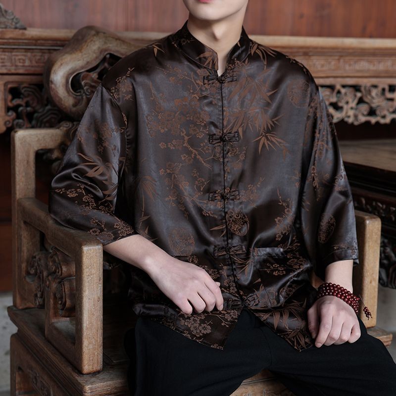 Hanfu Pria Gaya Cina, Tiga Perempat Lengan/Kemeja/Pakaian Tradisional Tiongkok