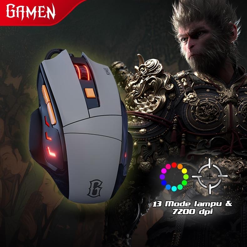 GAMEN Mouse Gaming Kabel 7200 DPI 6 Level DPI 16.8 Juta Warna RGB 13 Mode RGB GM300 Black Myth Wukon