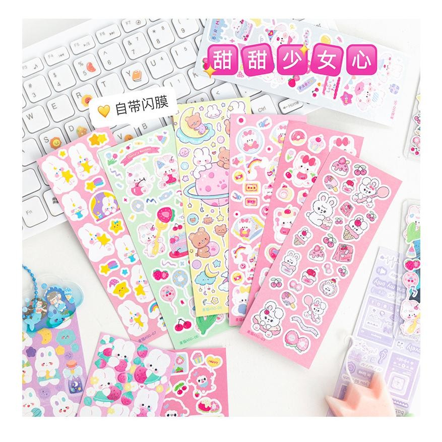

1 B0X [ ISI 100PCS ] Sticker Momo Lucu Aesthetic Korea Glitter Hologram Deco Journal / 100 Lembar Stiker Momo Kartun Waterproof / DIY Diary Jurnal Sanrio Series