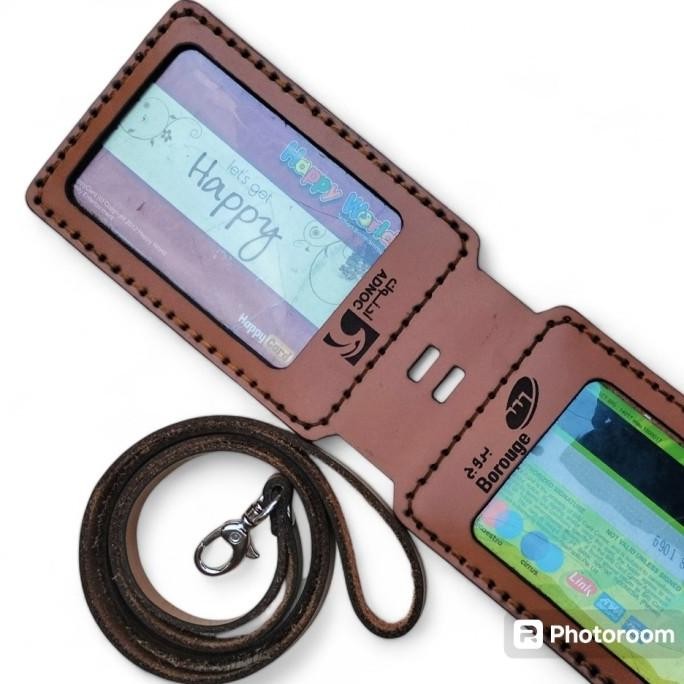 

new !!! Name Tag 2 Sisi Kulit Asli Tebal Id Card Holder Lanyar Gantungan Kartu 2 Muka Free Nama Logo Foto murah