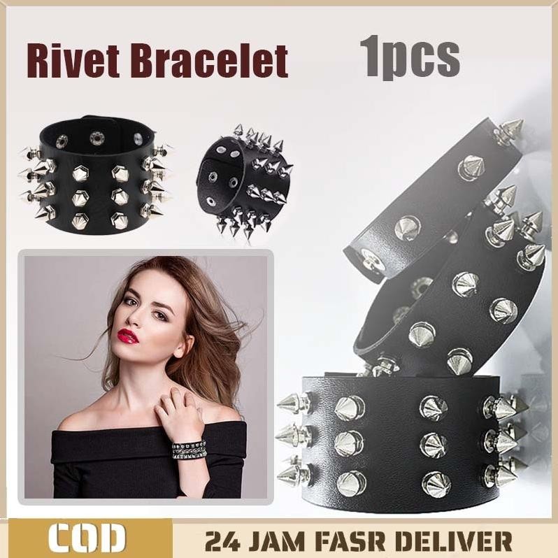 Premium Gelang Kulit Punk Gelang Spike 3 Baris Paku Bracelet Gelang Gothic Gelang Duri Punk Gelang S